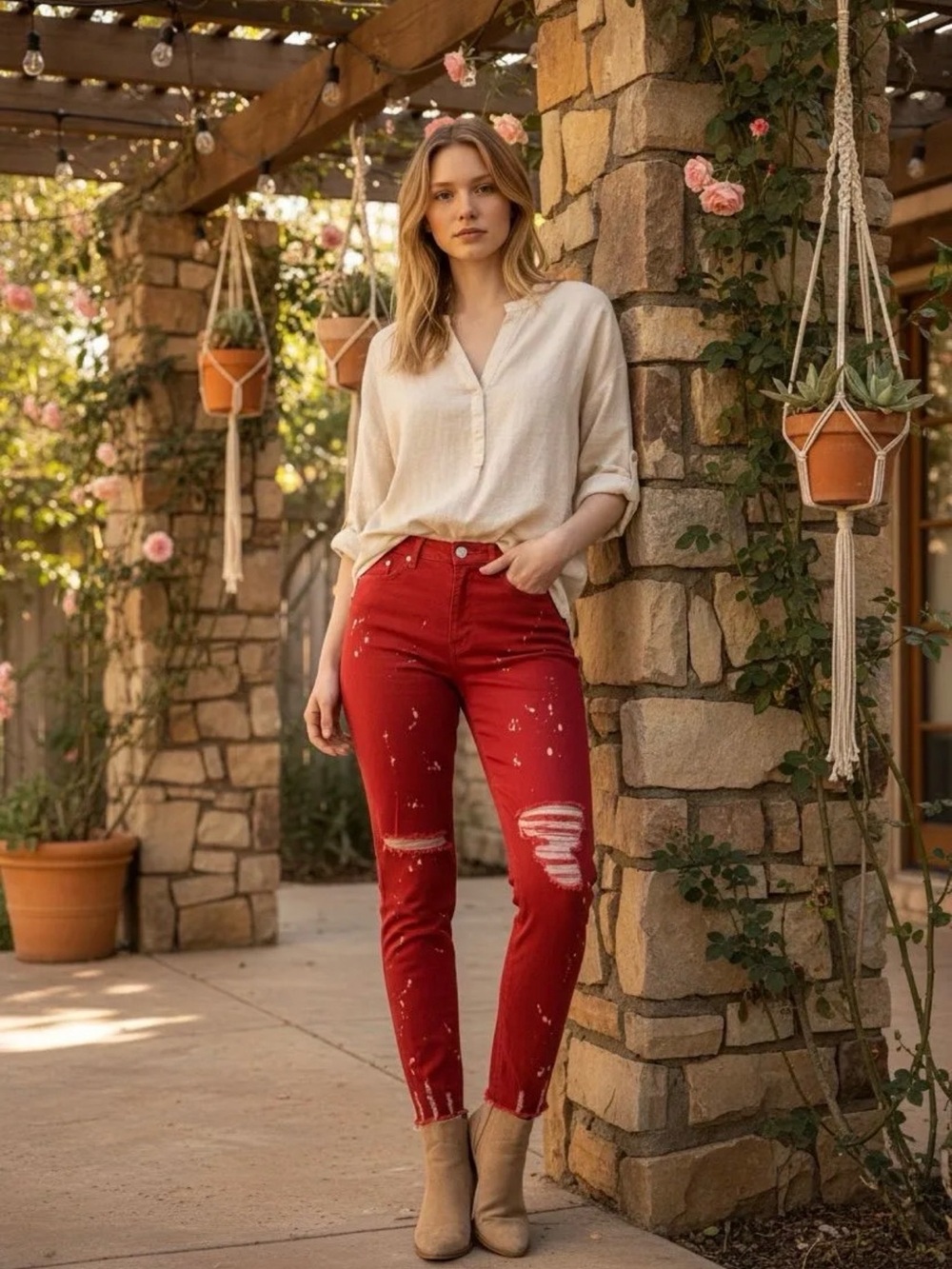 EASEL Brand Jeans Red Brick Heavily Distressed Skinny Cropped Splatter